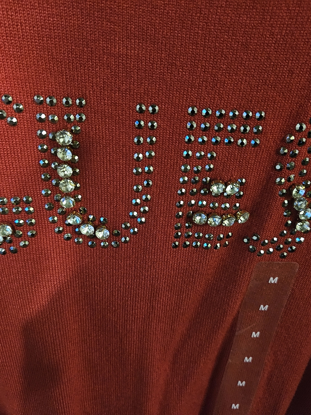 GUESS Red Rhinestone Cold-Shoulder Sweater - Picture 3 of 4